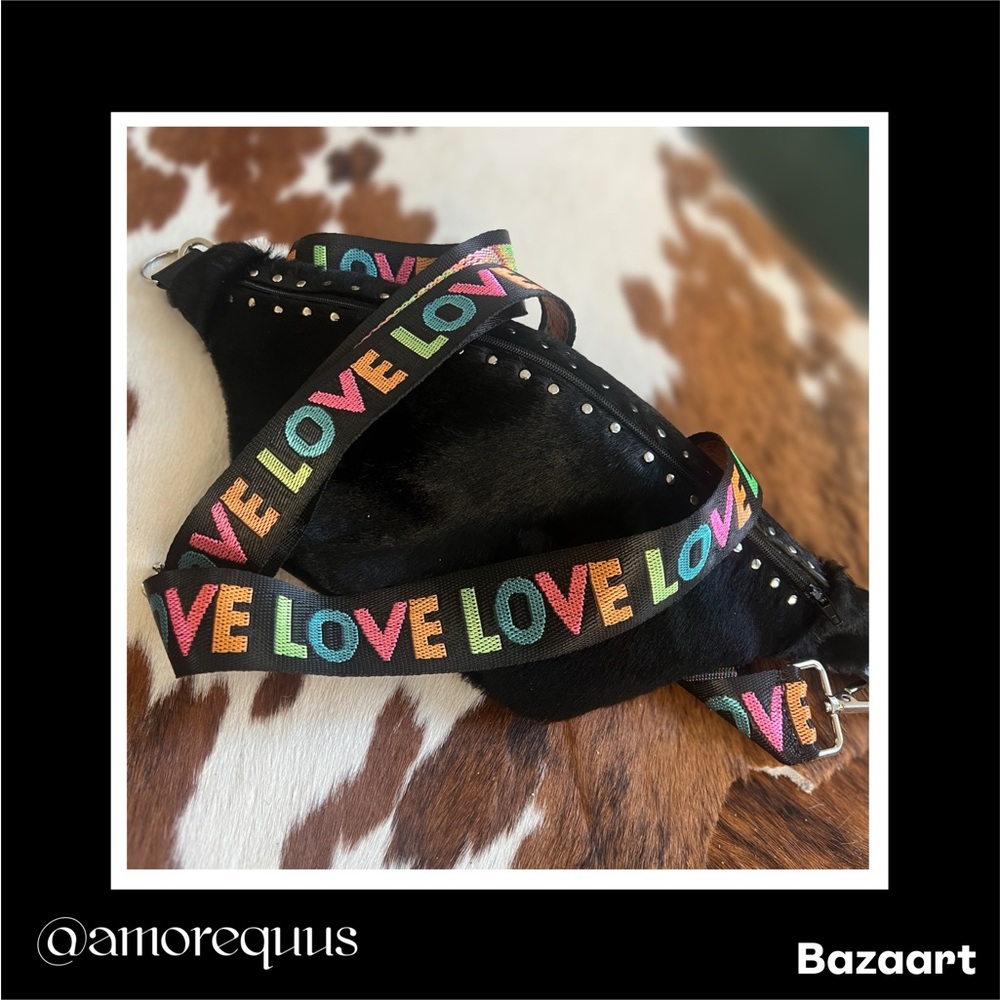 Black Crossbody Bag, with multi color “Love” Strap.